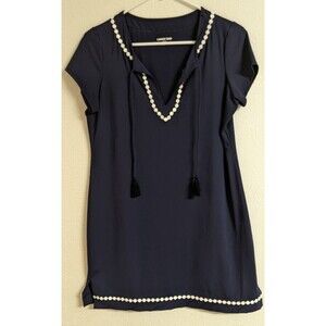 LANDS END Navy V-Neck Short Sleeve White Embroidered Trim  Dress #509135 XS/P